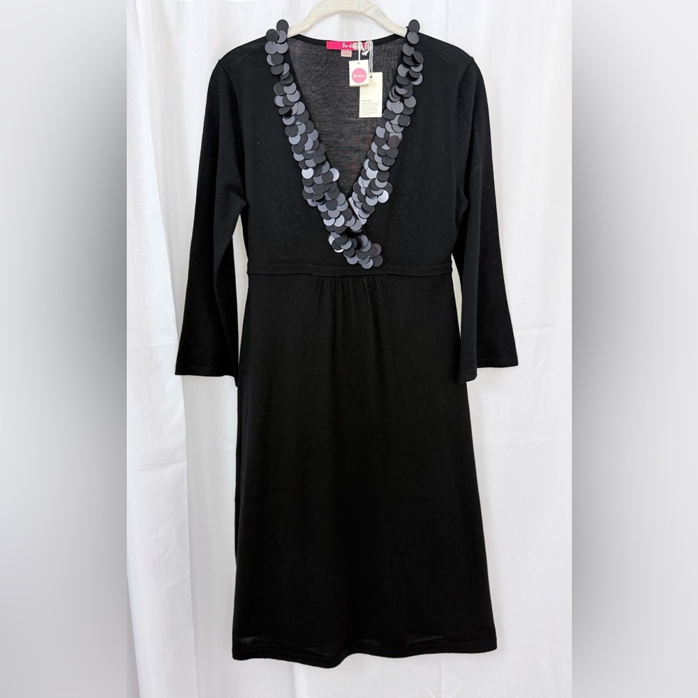 Boden Black Long Sleeve Soft Wool Sweater Dress w/ Palliate Sequin Accent 8R NWT